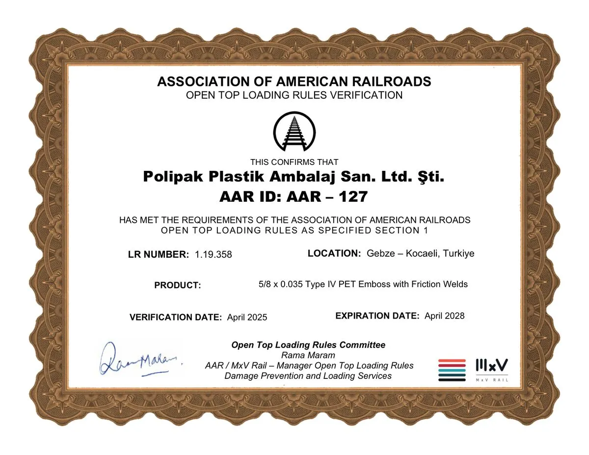 Polipak Plastik Ambalaj için AAR Open Top Loading Rules doğrulama belgesinin taraması, LR 1.19.358
