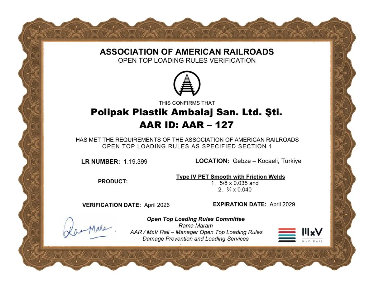 Polipak Plastik Ambalaj için AAR Open Top Loading Rules doğrulama belgesinin taraması, LR 1.19.399