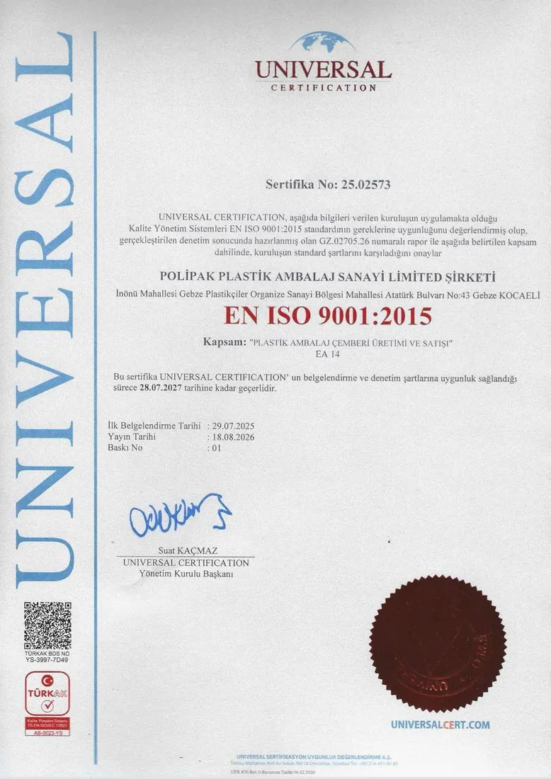 Polipak Plastik Ambalaj adına düzenlenen EN ISO 9001:2015 sertifikasının taraması, Universal Certification, sertifika no 25.02573